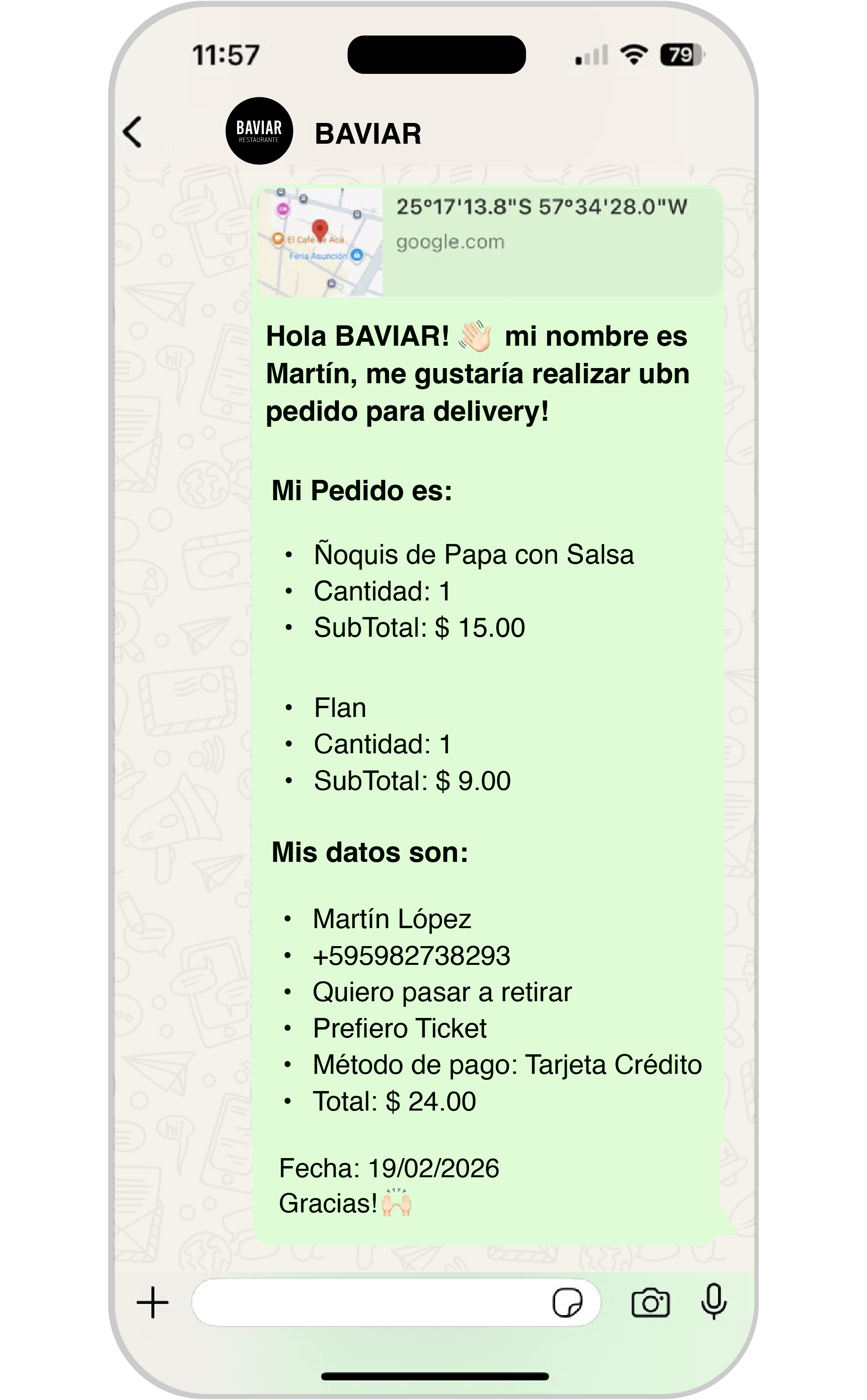 Paso 3: Pedido enviado por WhatsApp con ubicación